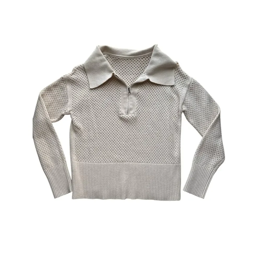 Women's Small Half‎ Zip Pullover Sweater Crochet Lapel Collar Long Sleeve Beige